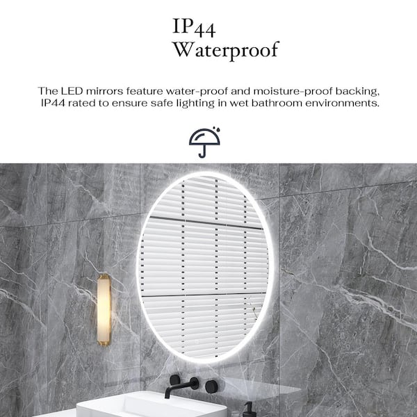 ELLO&ALLO 24 in. W x 24 in. H Single Frameless Round LED Light Bathroom Wall Vanity Mirror with Shelf, Clear