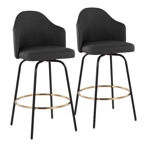 Lumisource Ahoy Claire 41.25 in. Charcoal Fabric Bar Height Bar Stool with Round Gold Footrest (Set of 2)