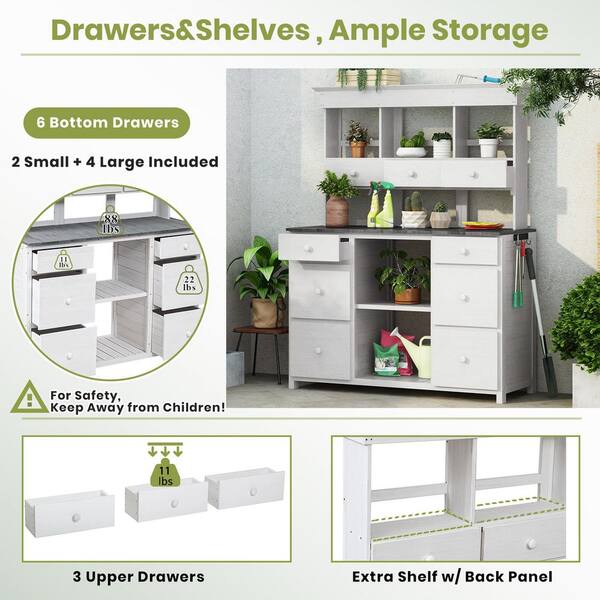 Unbranded - White and Gray Fir Wood Potting Bench Table with Multiple Drawers and Shelves for Storage