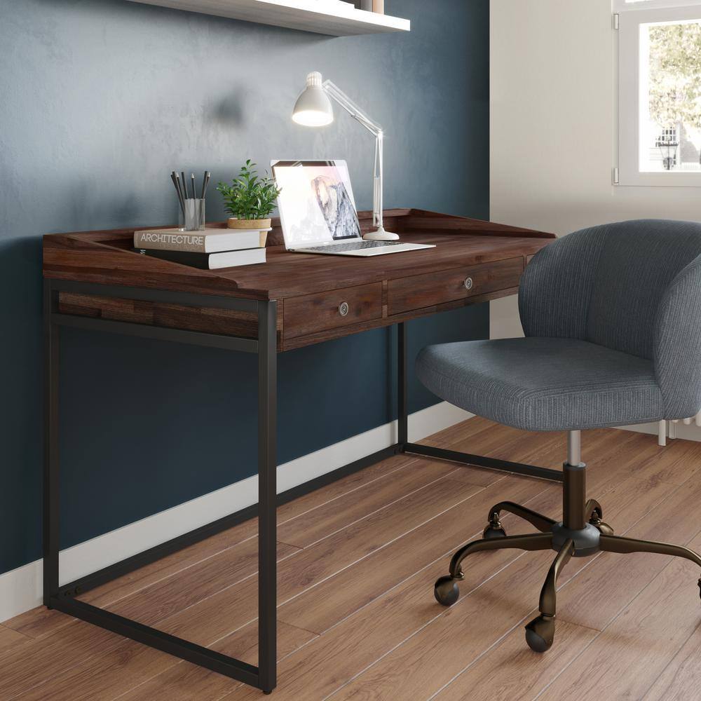 Industrial Distressed Charcoal Brown Acacia Wood Desk with Drawer