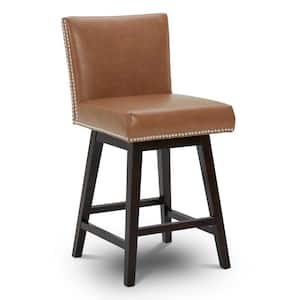 Frank 26 in. Saddle Brown High Back Solid Wood Frame Swivel Counter Height Bar Stool with Faux Leather Seat