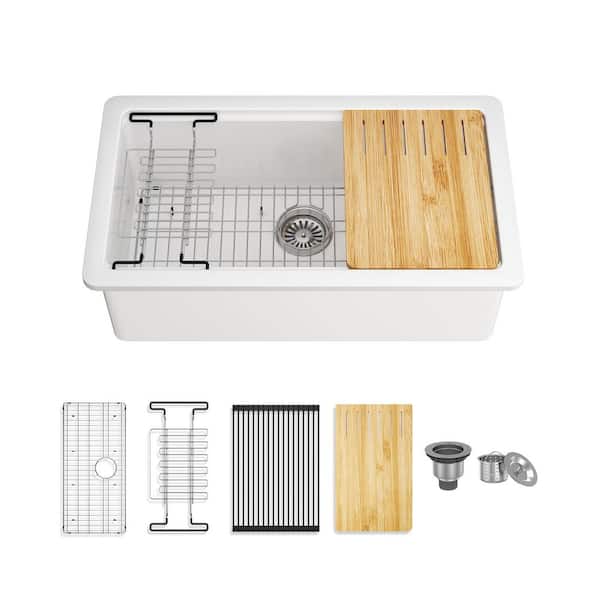 33 in. Farmhouse Doublebowl White Fireclay Workstation Kitchen Sink Drying Rack Plus Cutting Board Plus Bottomgrid More