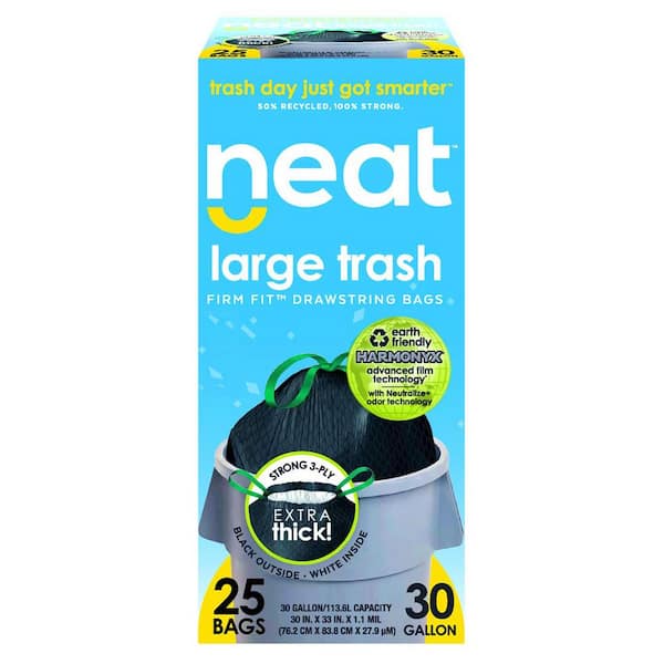 NEAT Tall Kitchen 30 Gal. 1.1 Mil Drawstring Kitchen Trash Bags Triple Ply Fortified, Eco-Friendly (Pack of 25)