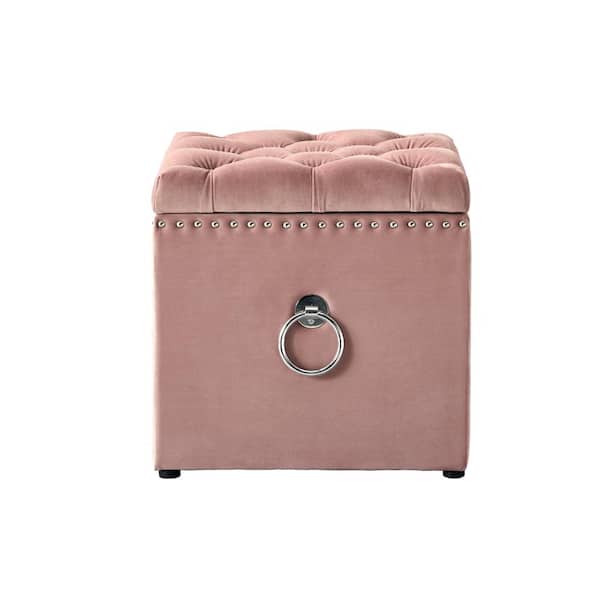 HomeRoots Blush Velvet and Black Tufted Square with Gold Ring Storage Ottoman
