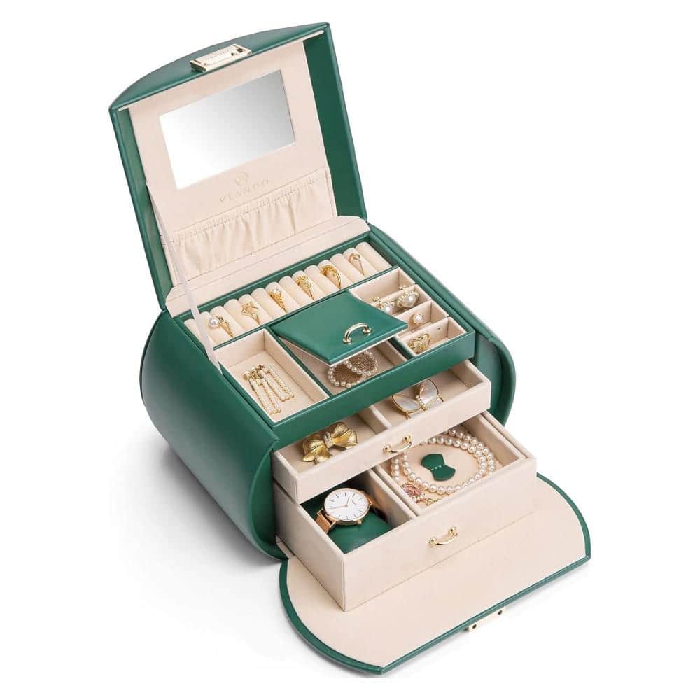 Princess Style 3-Layer Jewelry Box with Mirror, Dark Green JOB23