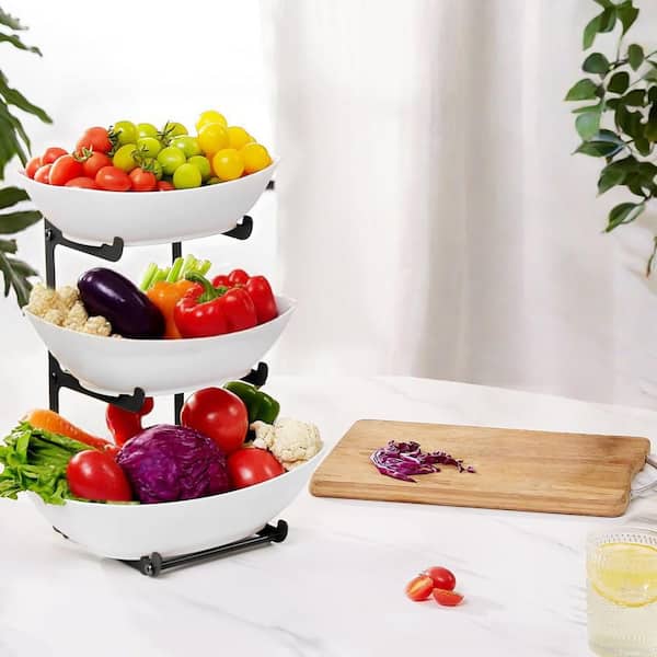 11 in. 3-Tier Fruit Holder with Black Metal Stand for Kitchen Countertop Food, Vegetable, Cake, White