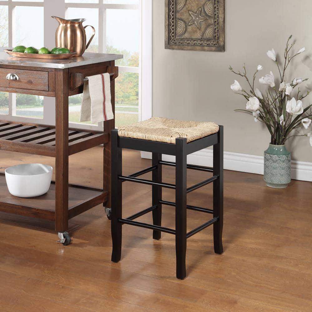 Elegant 24" Swivel Rush Seat Backless Counter Stool, Black