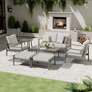 7-Piece Aluminum Patio Conversation Set, Loveseat with Ottomans, Coffee Table and Gray Cushions