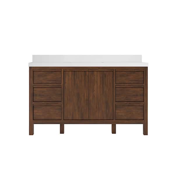 Willow Collections Elizabeth Teak 60 in. W x 22 in. D x 36 in. H Single Sink Bath Vanity in Dark Walnut with 2 in. White Quartz Top