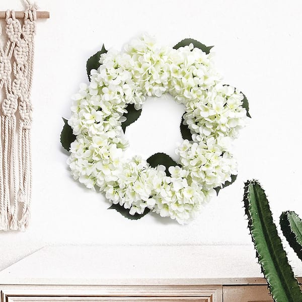 LIVING LUXURY 20 in. Cream White Artificial Hydrangea Flower Wreath