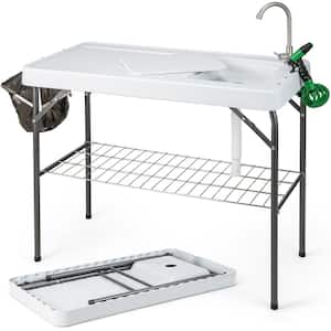 Folding Fish Cleaning Table Outdoor Camping Table w/360° Rotatable Faucet and Sink and Spray Nozzle and Drain Pipe