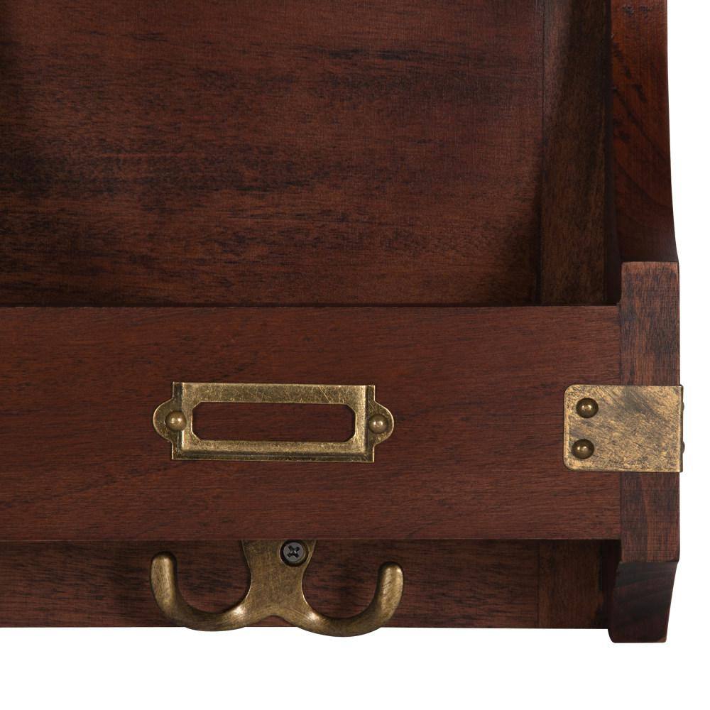 Walnut Brown Solid Wood Square Wall Organizer with Mirror and Hooks