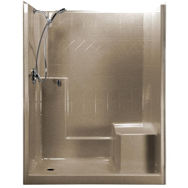 Ella 60 in. x 33 in. x 77 in. 1-Piece Low Threshold Shower Stall in Cotton Seed, Shower Kit, Right Hand Seat, Left Drain