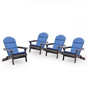 Malibu Dark Grey Folding Wood Outdoor Lounge Chair with Navy Cushion (4-Pack)