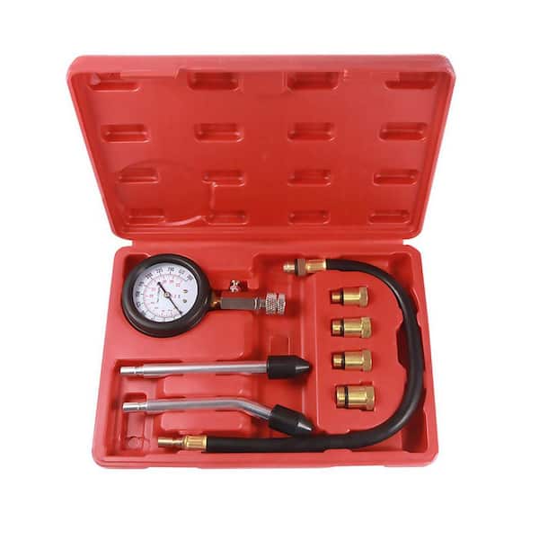 Petrol Engine Cylinder Compression Tester Kit Automotive Tool with Gauge Easy Release Dual Scale 8 Piece