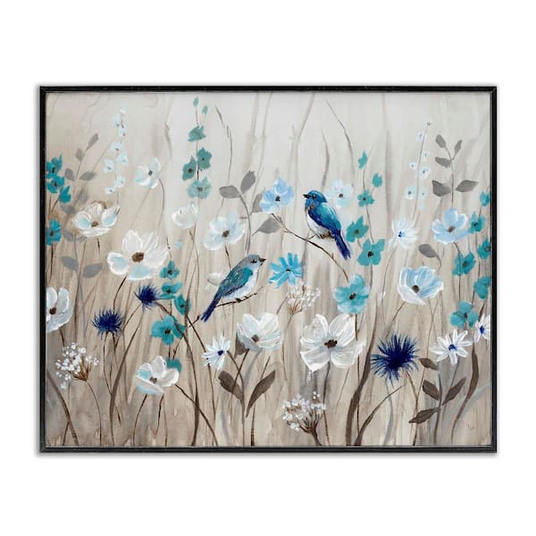 Stupell Industries Birds Floral Meadow Blossoms by Nan 1-Piece Black Framed Nature Giclee Art Print 14 in. x 11 in.