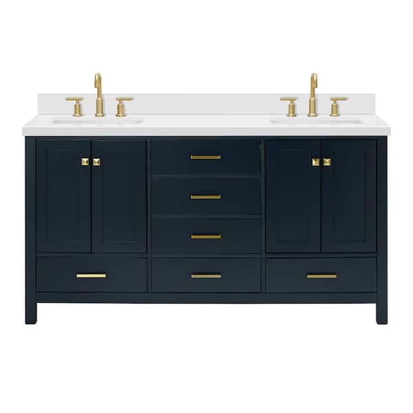 Cambridge 66 in. Double Sink Freestanding Bathroom Vanity in Midnight Blue with Pure White Quartz Top