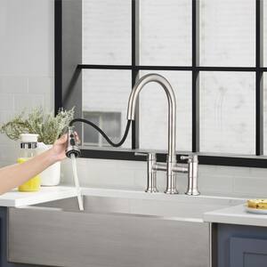 Double Handle Bridge Kitchen Faucet with 3-Function Pull-Down Spray Head in Brushed Nickel