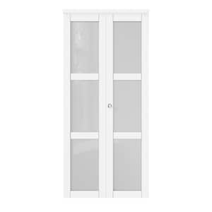 36 in. x 80 in. 3-Lite Tempered Frosted Glass Solid Core White Finished MDF Interior Closet Bi-Fold Door with Hardware