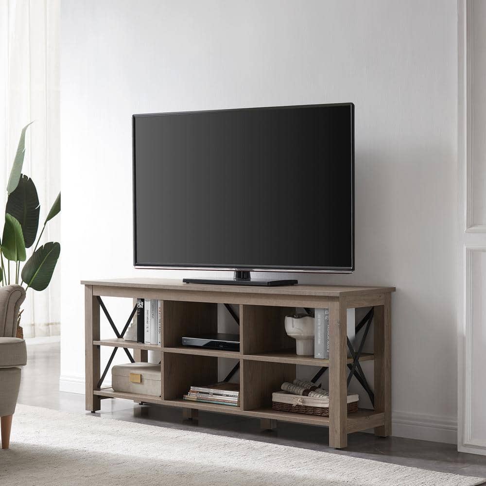 Antiqued Gray Oak 58" TV Stand with Metal Frame