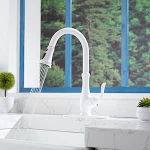 3-Spray Patterns Modern 1.8 GPM Single Handle Pull Down Sprayer Kitchen Faucet with Deck Plate in Matte White
