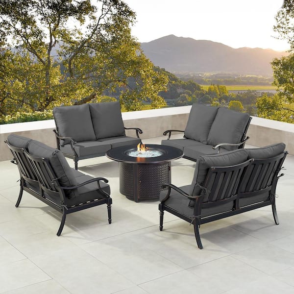 Black 5-Piece Aluminum Patio Fire Table Set with Black Cushions