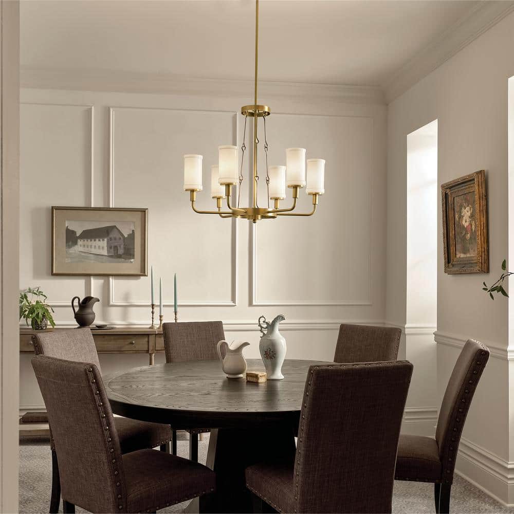Vetivene Natural Brass 6-Light Chandelier with Opal Glass Shades