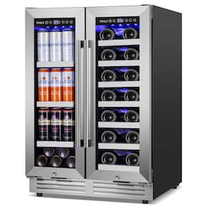 23.47 in. Dual Zone 18-Wine Bottles and 57-Cans Beverage and Wine Cooler in Silver Two Shape of Door Handles Blue LEDs
