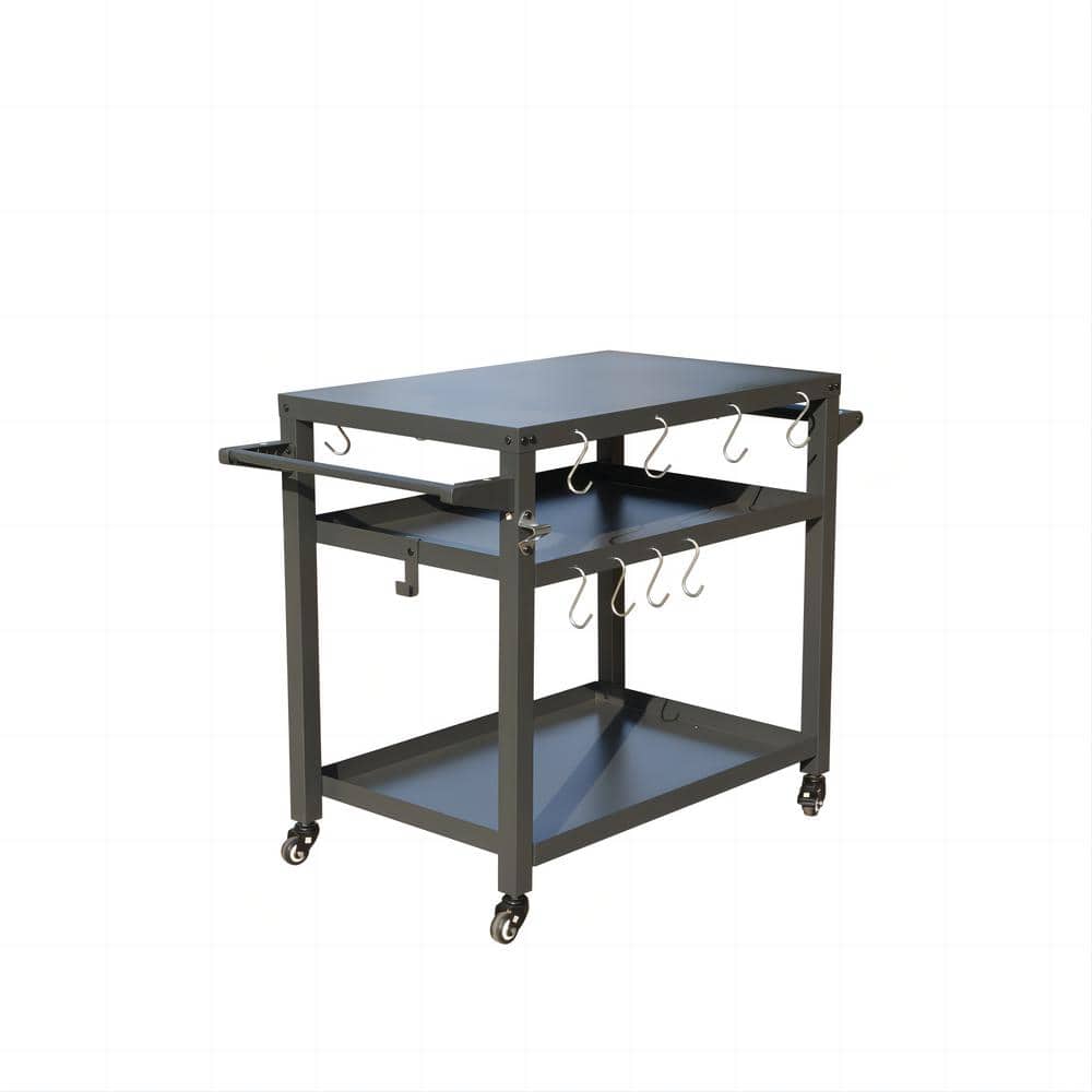 3-Shelf Outdoor Grill Table with Wheels, Stainless Steel Tabletop, for Outs