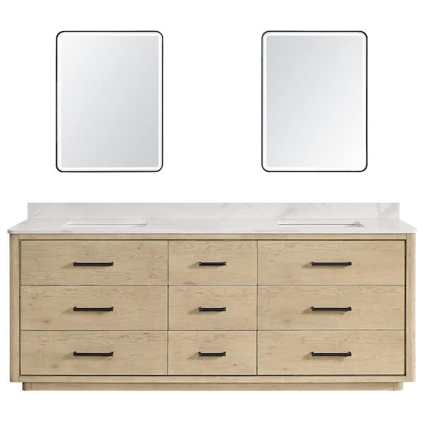 ROSWELL Porto 84 in. W x 22 in. D x 33.8 in. H Double Sink Bath Vanity in Natural  Oak with White Qt. Stone Top and Mirror 806584-AN-BK - The Home Depot