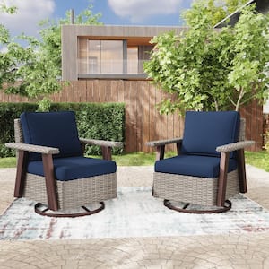 Wicker Patio Outdoor Rocking Chair Swivel Lounge Chair with Blue Cushion (2-Pack)