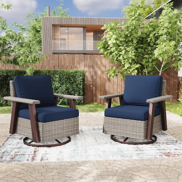 Gardenbee Wicker Patio Outdoor Rocking Chair Swivel Lounge Chair with Blue Cushion (2-Pack)