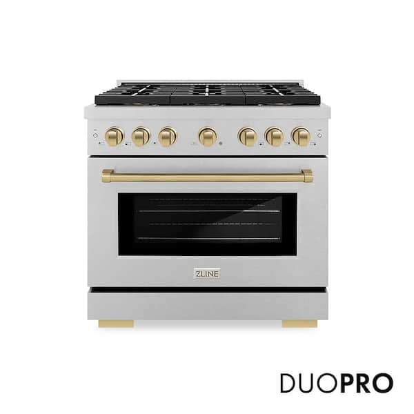 Autograph 36 in. 5.2 cu. ft. Paramount Gas Range with 6-Burner Cooktop and Gas Oven in Satin Stainless and Champagne