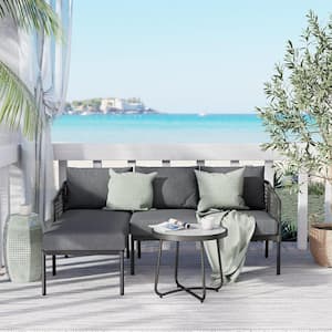 Black 3-Piece All-Weather Wicker Outdoor Small L-Shaped Sectional Set with Dark Grey Olefin Cushions and Coffee Table