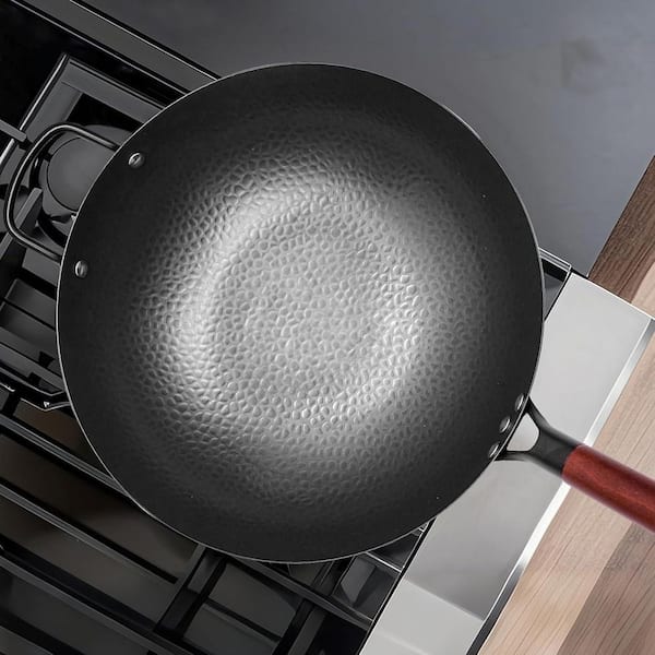 13.4 in. Iron Wok Flat Bottom Pure Iron Chemical Free Non Stick Hand Forged for All Stoves with Lid Cookware