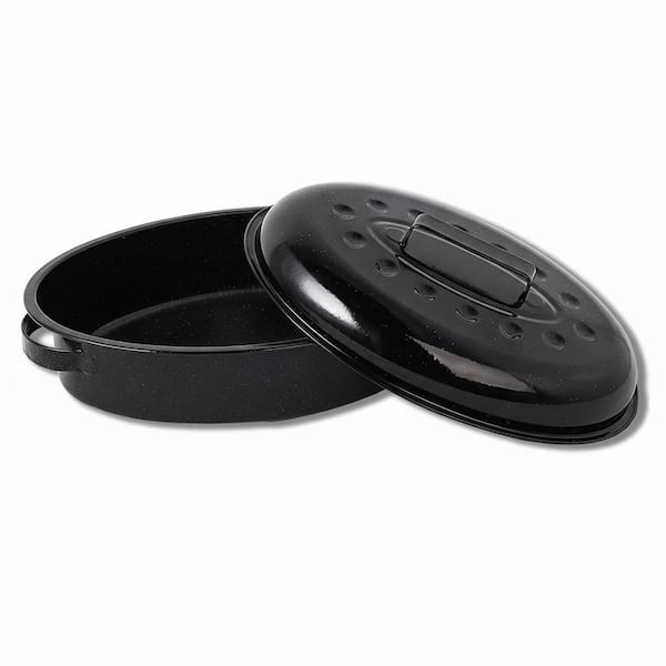 Oval Series 11 qt. Black Enamel Carbon Steel Oven Roaster Pan Cooktop Compatible Kitchen Cookware with Lid 1-Piece