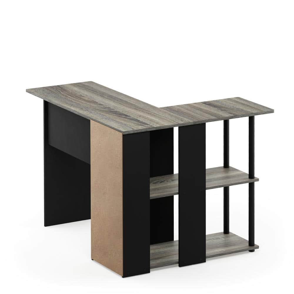French Oak Grey and Black L-Shaped Writing Desk with Drawer
