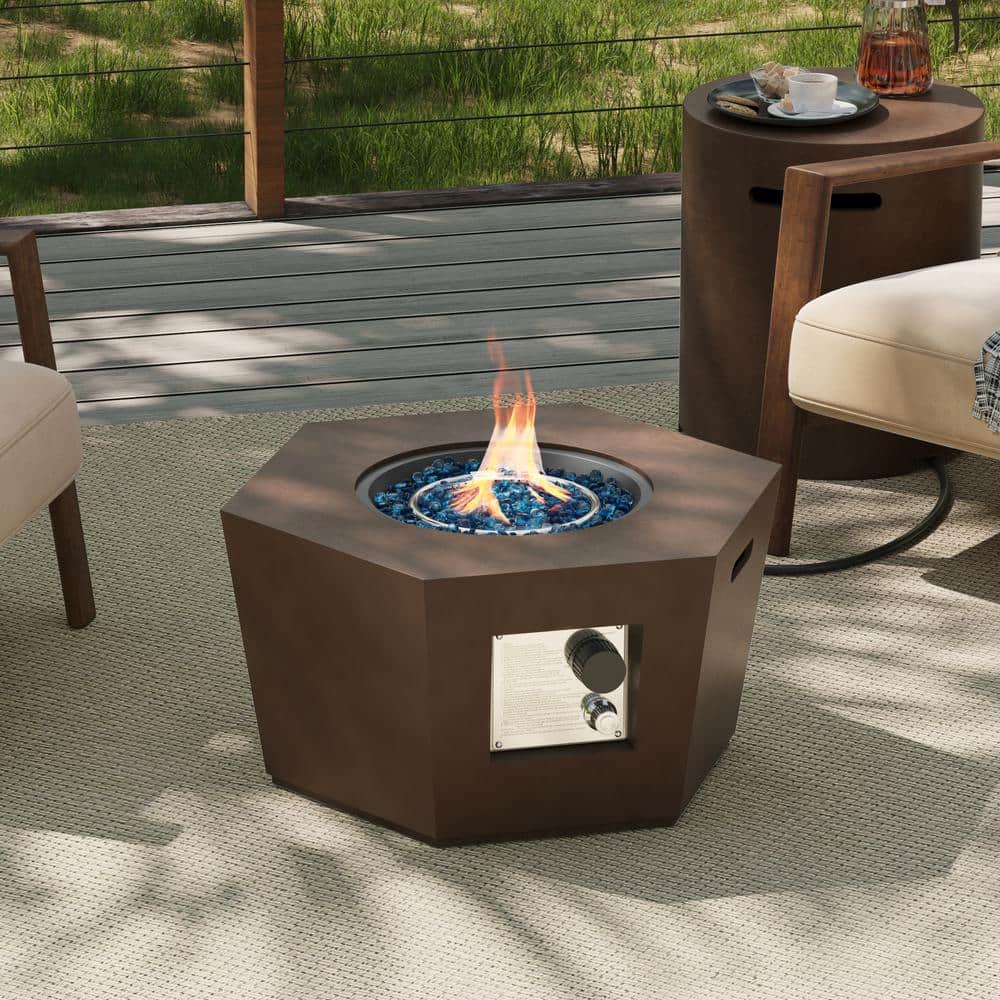 28 in. 40,000 BTU Dark Brown Hexagon Concrete Outdoor Propane Gas Fire Pit Table with Propane Tank Cover -  UPHA, 28MGO-6BX-SK