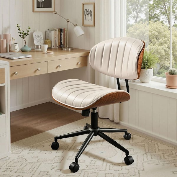 Cro PU Leather Swivel Ergonomic Armless Office Task Chair in White with Tilting and Lumbar Support