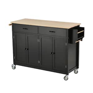 54.3 in. W Black Kitchen Island Rolling Cart with Solid Wood Top and Locking Wheel 4-Door Cabinet and 2-Drawers