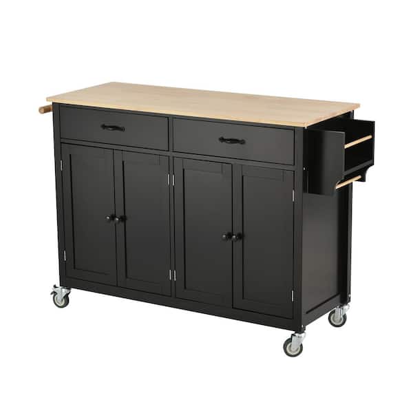 Tileon 54.3 in. W Black Kitchen Island Rolling Cart with Solid Wood Top and Locking Wheel 4-Door Cabinet and 2-Drawers