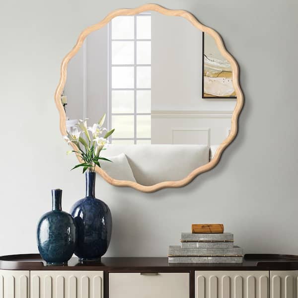 Unbranded 36 in. W x 36 in. H Solid Wood Wavy Wall Mirror Round Vanity Mirror Decorative Mirror for Living Room Entryway, Natural