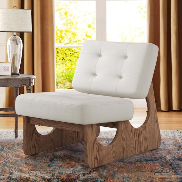 Benzara BM196656 Fabric Upholstered Wooden Corner Chair with Loose Cushion Seat and Small Feet Beige