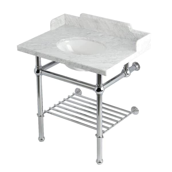 Kingston Brass Pemberton 30 in. Marble Console Sink with Brass Legs in Marble White Polished Chrome