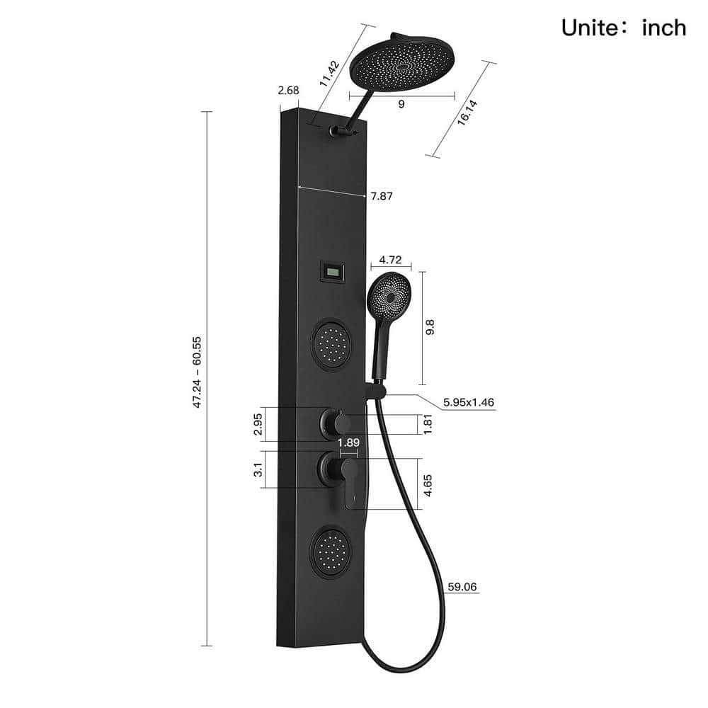 Matte Black 60.55'' Shower Panel with Adjustable Rainfall Shower Head