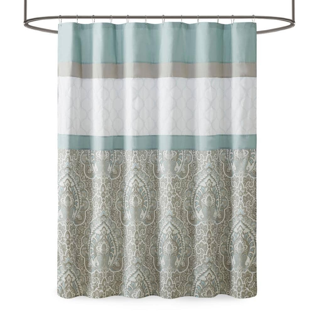Seafoam and Beige Embroidered Microfiber Shower Curtain with Liner