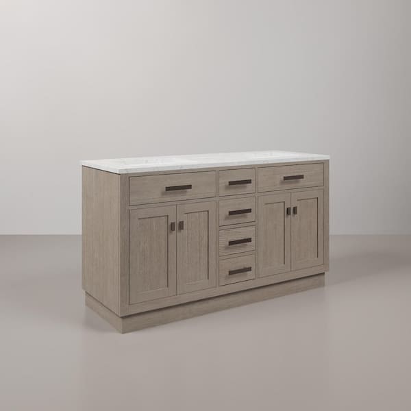 Chestnut 60 in. W x 21.5 in. D x 34.2 in. H Double Sink Bath Vanity in Grey Oak with Carrara White Marble Top