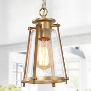 Asaf Modern Gold Mini Pendant Light with Seeded Glass Shade 1-Light Farmhouse Lantern Island Pendant for Dining Room