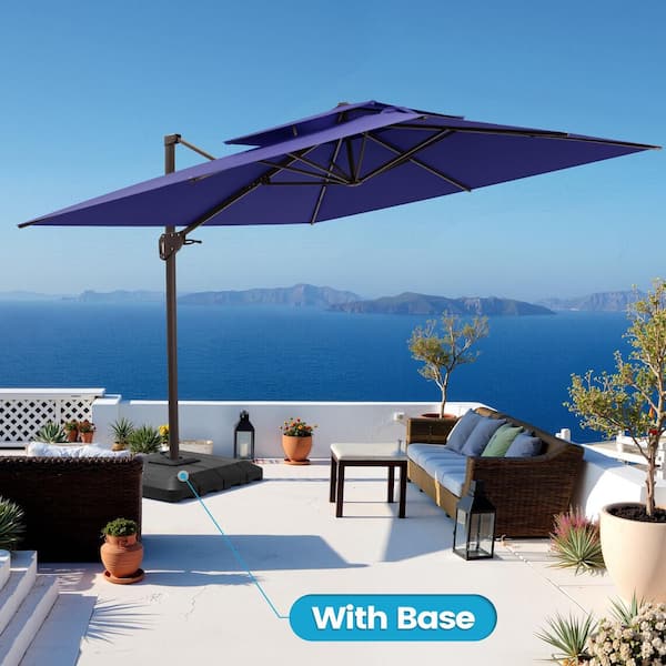 10 ft. Square Double-Top Polyester Cantilever Tilt Patio Umbrella in Navy with 220 lbs. HDPE Base