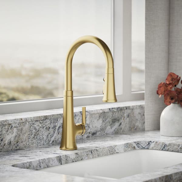 Tone Single Handle Pull Down Sprayer Kitchen Faucet in Vibrant Brushed Moderne Brass